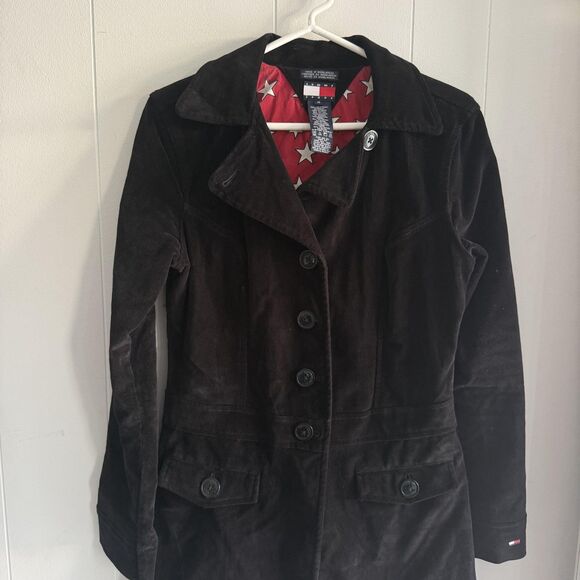 Tommy Jeans Coat Womens Medium Black Corduroy Long Jacket Red Star Lining - Picture 11 of 13